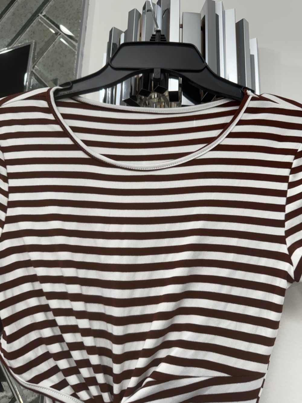 SHEIN Striped Twist-Front side cut out Short Sleeve Dress in Brown & White - Picture 3 of 6